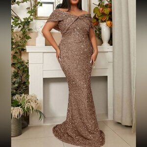 Luxe plus size off shoulder party prom wedding sequins dress gown